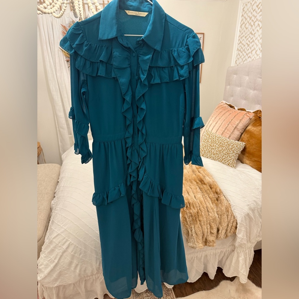 Wayward Fancies teal blue long dress with ruffles